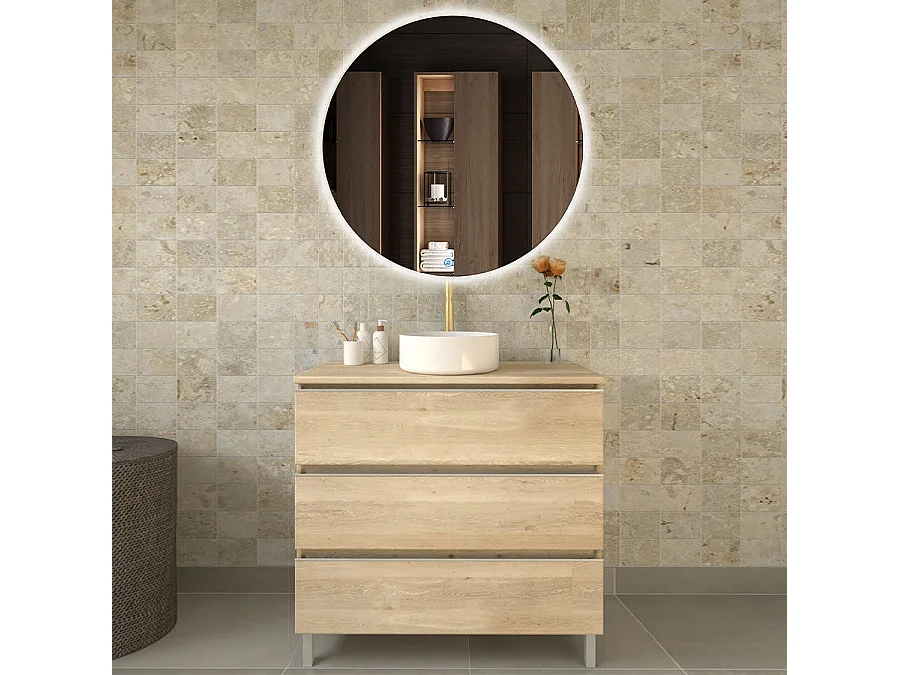 Meuble de salle de bain avec vasque à poser ronde PALMA et miroir Led SOLEN - Bambou (chêne clair) - 80cm