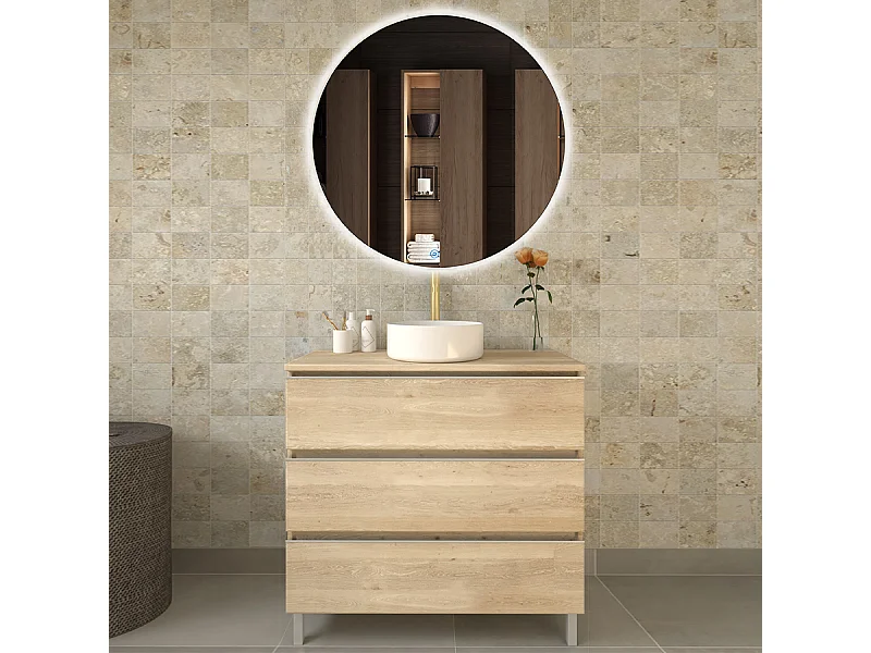 Meuble de salle de bain avec vasque à poser ronde PALMA et miroir Led SOLEN - Bambou (chêne clair) - 80cm