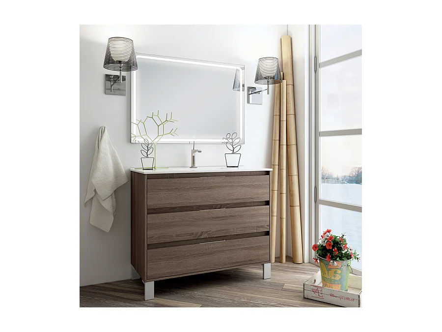 Meuble de salle de bain simple vasque - 3 tiroirs - TIRIS 3C et miroir Led STAM - britannia (chêne foncé) - 100cm