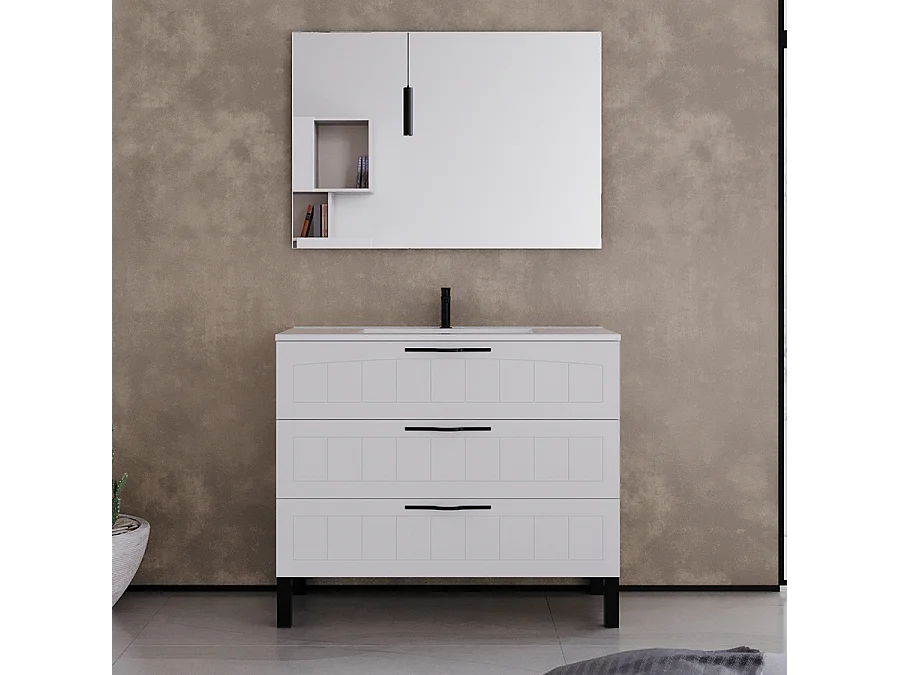 Meuble de salle de bain 90cm simple vasque - 3 tiroirs - blanc - CALA