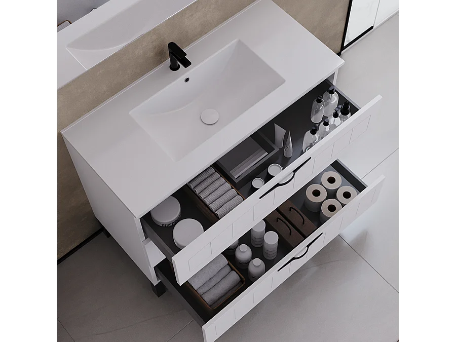 Meuble de salle de bain 90cm simple vasque - 3 tiroirs - blanc - CALA