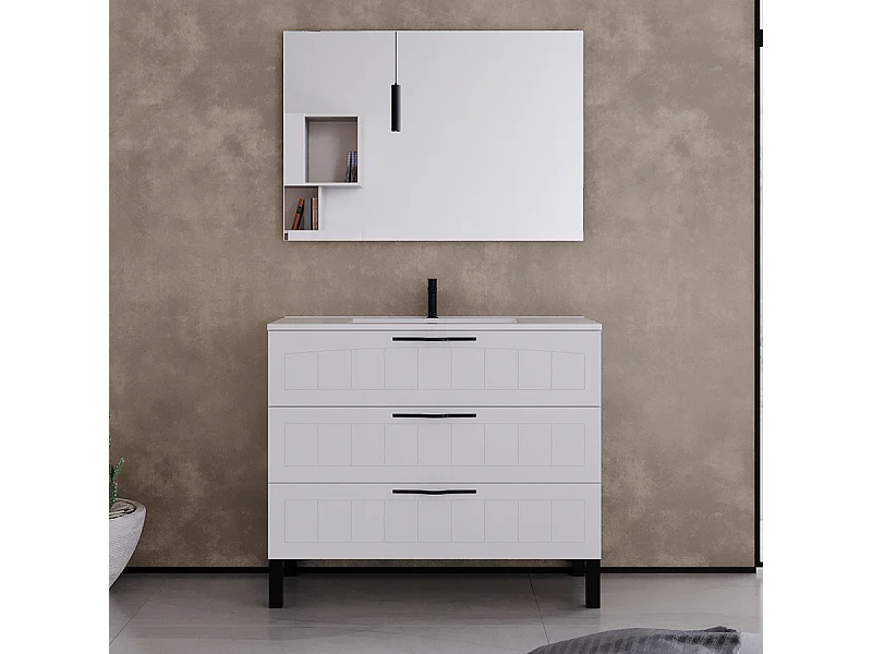 Meuble de salle de bain 90cm simple vasque - 3 tiroirs - blanc - CALA