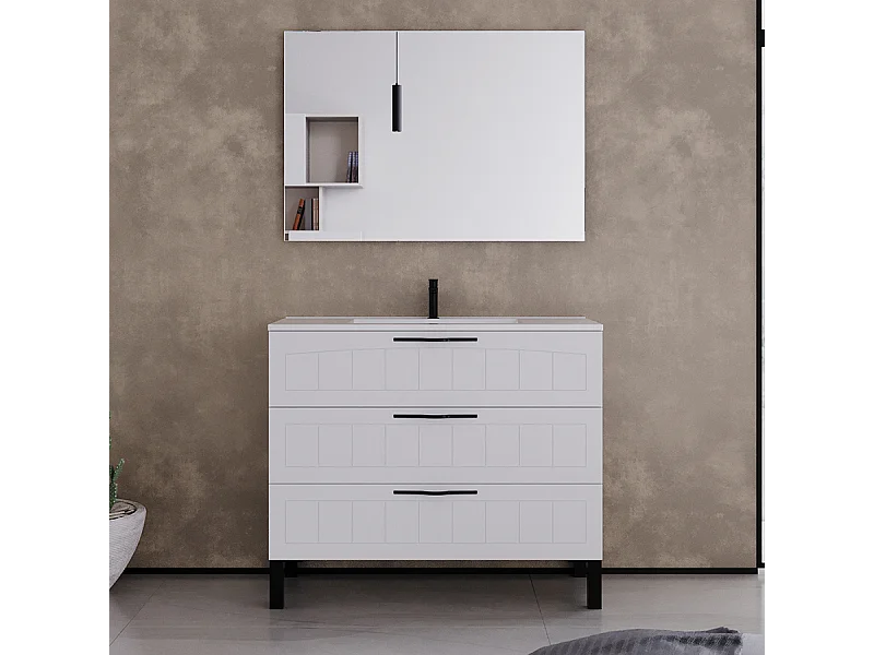 Meuble de salle de bain 90cm simple vasque - 3 tiroirs - blanc - CALA