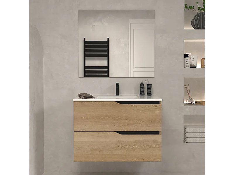 Meuble de salle de bain 60cm simple vasque - 2 tiroirs - madera miel (bois clair) - LUNA