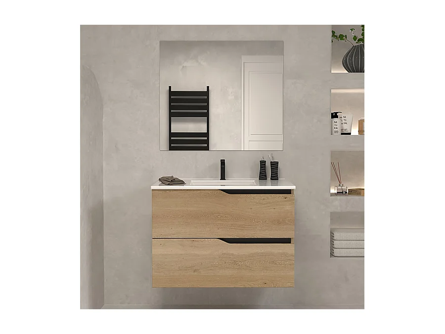 Meuble de salle de bain 60cm simple vasque - 2 tiroirs - madera miel (bois clair) - LUNA