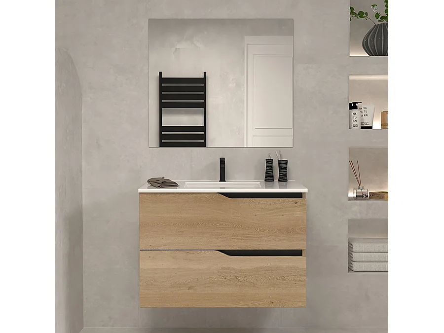 Meuble de salle de bain 60cm simple vasque - 2 tiroirs - madera miel (bois clair) - LUNA