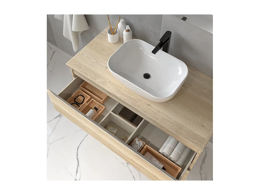 Meuble de salle de bain sans miroir avec vasque à poser arrondie BALEA - Bambou (chêne clair) - 100cm