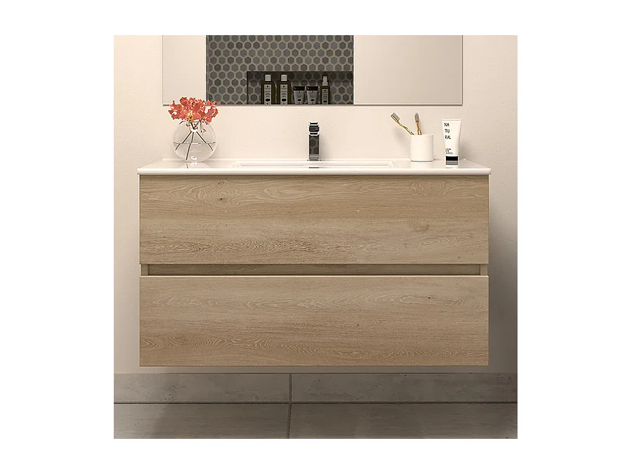 Meuble de salle de bain 100cm simple vasque - sans miroir - 2 tiroirs - nebraska (bois clair) - IDA