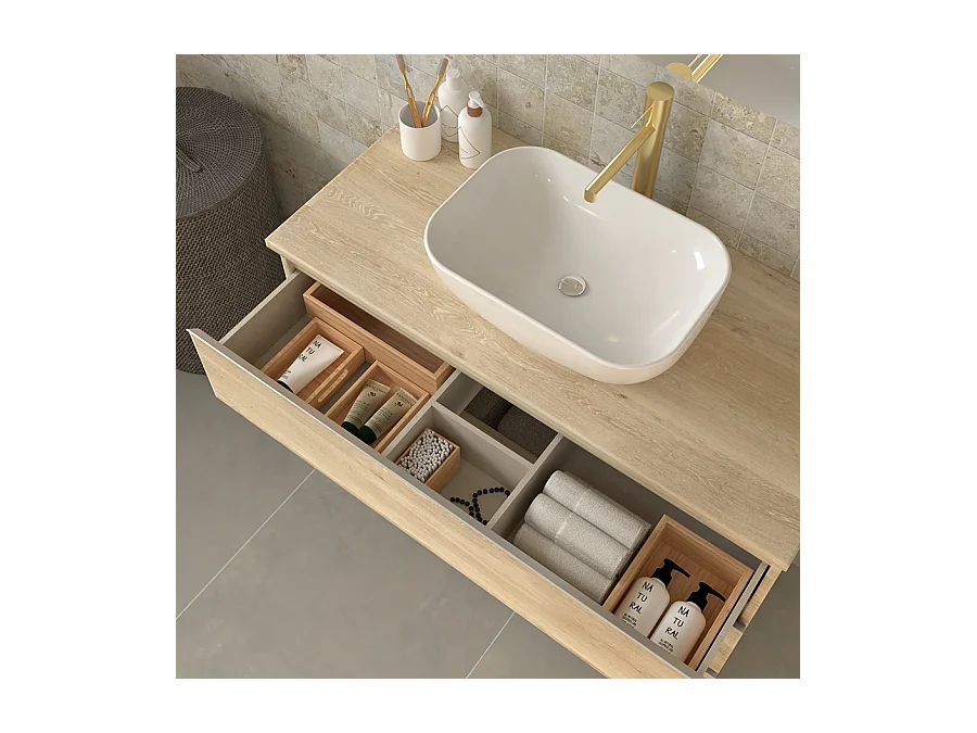 Meuble de salle de bain 3 tiroirs avec vasque à poser arrondie et miroir avec applique PALMA - Bambou (chêne clair) - 70cm