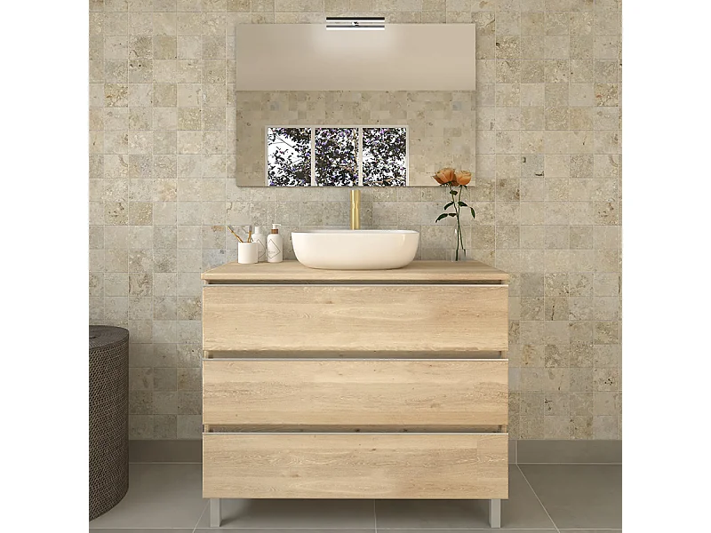 Meuble de salle de bain 3 tiroirs avec vasque à poser arrondie et miroir avec applique PALMA - Bambou (chêne clair) - 70cm