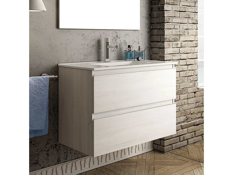 Meuble de salle de bain 70cm simple vasque - 2 tiroirs - sans miroir - BALEA - hibernian (bois blanchi)