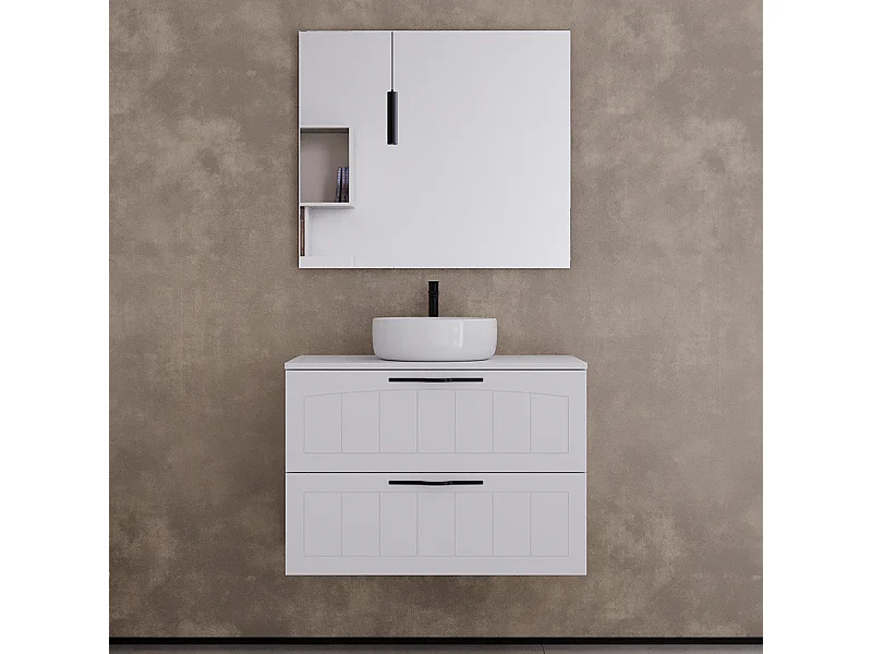 Meuble de salle de bain 70cm avec plateau et vasque à poser ronde - 2 tiroirs - blanc - PIA