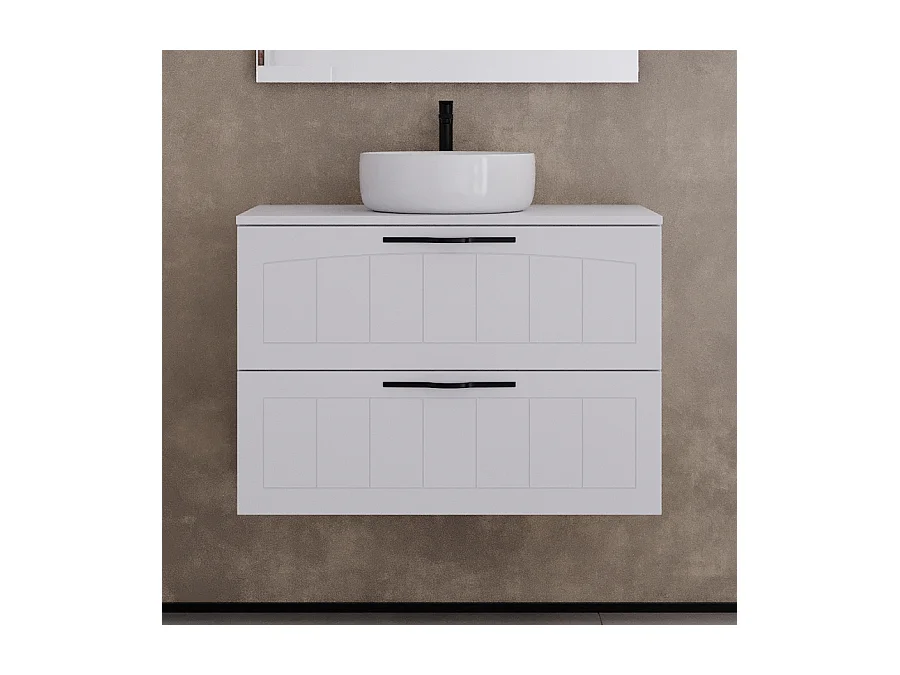 Meuble de salle de bain 70cm avec plateau et vasque à poser ronde - 2 tiroirs - blanc - PIA