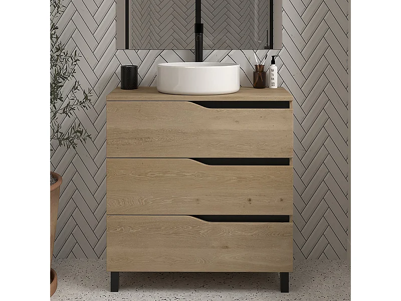 Meuble de salle de bain 60 avec plateau et vasque à poser - sans miroir - 3 tiroirs - madera miel (bois clair) - MATA