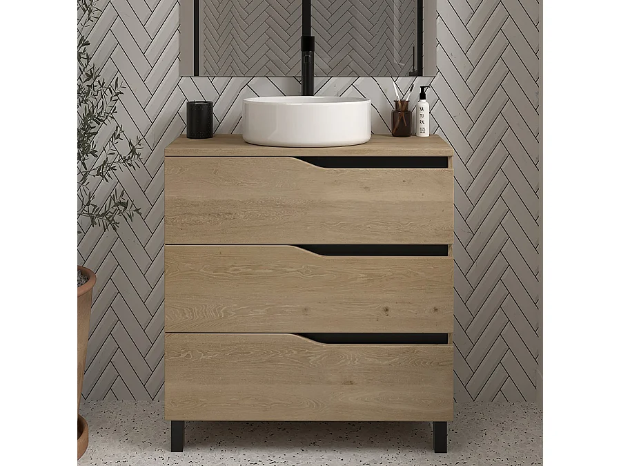 Meuble de salle de bain 60 avec plateau et vasque à poser - sans miroir - 3 tiroirs - madera miel (bois clair) - MATA