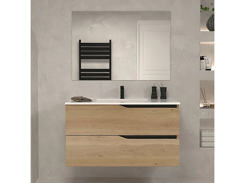 Meuble de salle de bain 90cm simple vasque - 2 tiroirs - madera miel (chêne clair) - LUNA