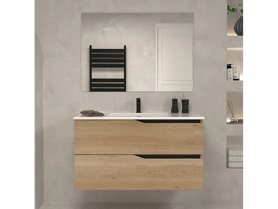 Meuble de salle de bain 90cm simple vasque - 2 tiroirs - madera miel (chêne clair) - LUNA