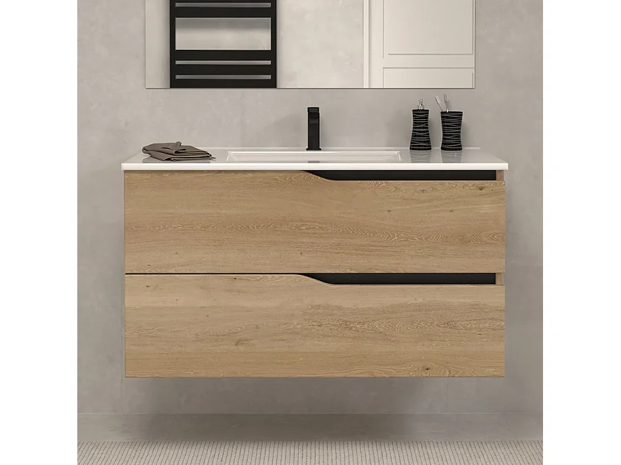 Meuble de salle de bain 90cm simple vasque - 2 tiroirs - madera miel (chêne clair) - LUNA