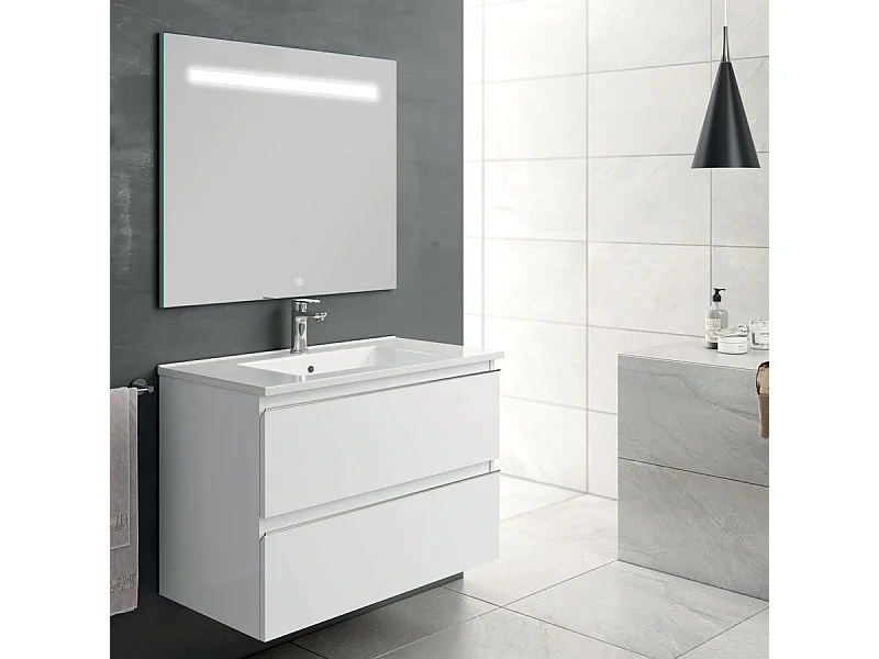 Meuble de salle de bain simple vasque - 2 tiroirs - BALEA et miroir Led STAM - blanc - 60cm