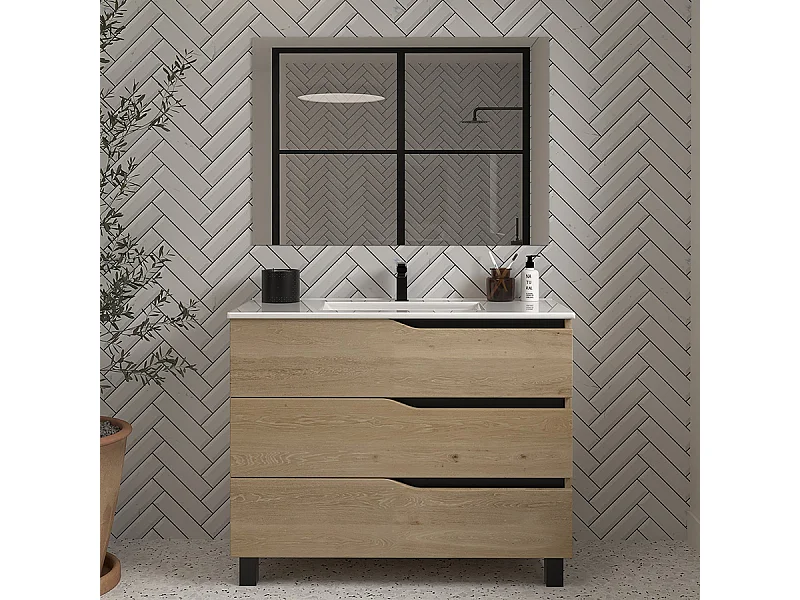 Meuble de salle de bain 100cm simple vasque - 3 tiroirs - madera miel (bois clair) - MATA