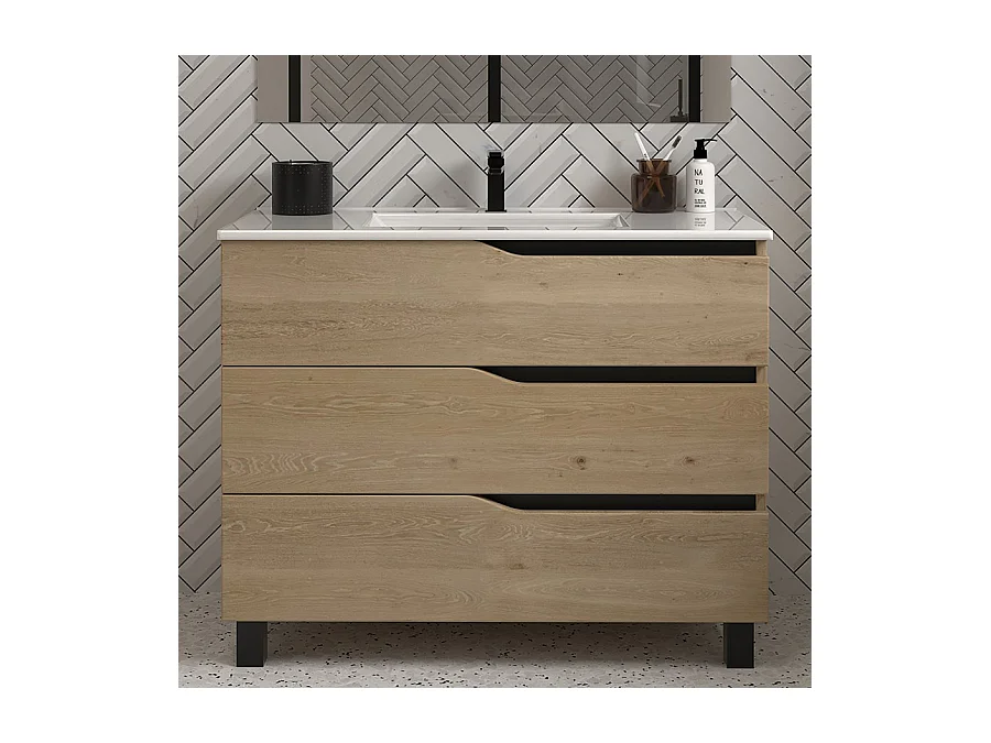 Meuble de salle de bain 100cm simple vasque - 3 tiroirs - madera miel (bois clair) - MATA