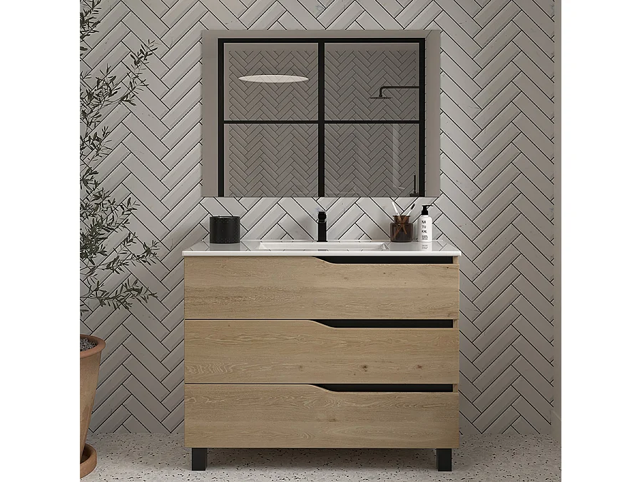 Meuble de salle de bain 100cm simple vasque - 3 tiroirs - madera miel (bois clair) - MATA