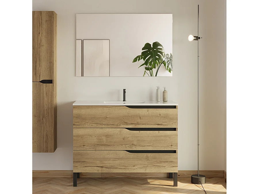 Meuble de salle de bain 100cm simple vasque - 3 tiroirs - madera miel (bois clair) - MATA