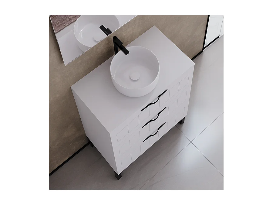 Meuble de salle de bain 60cm avec plateau et vasque à poser ronde - 3 tiroirs - sans miroir - blanc - CALA