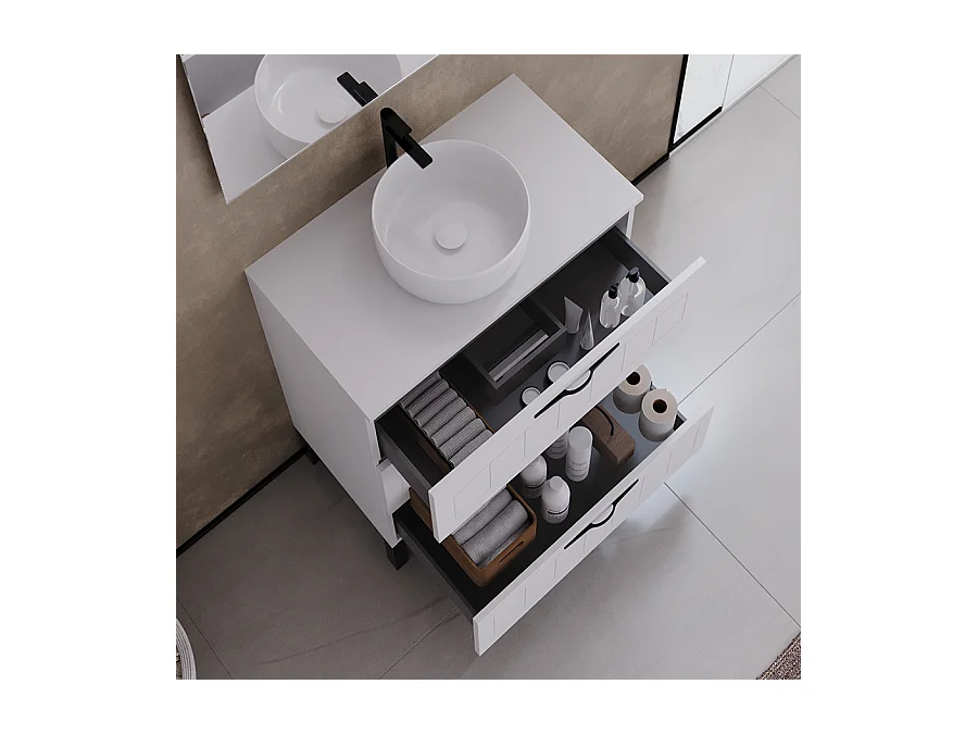 Meuble de salle de bain 60cm avec plateau et vasque à poser ronde - 3 tiroirs - sans miroir - blanc - CALA