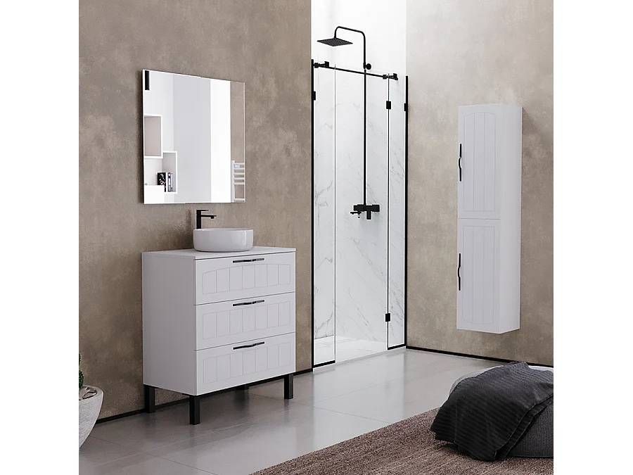 Meuble de salle de bain 60cm avec plateau et vasque à poser ronde - 3 tiroirs - sans miroir - blanc - CALA