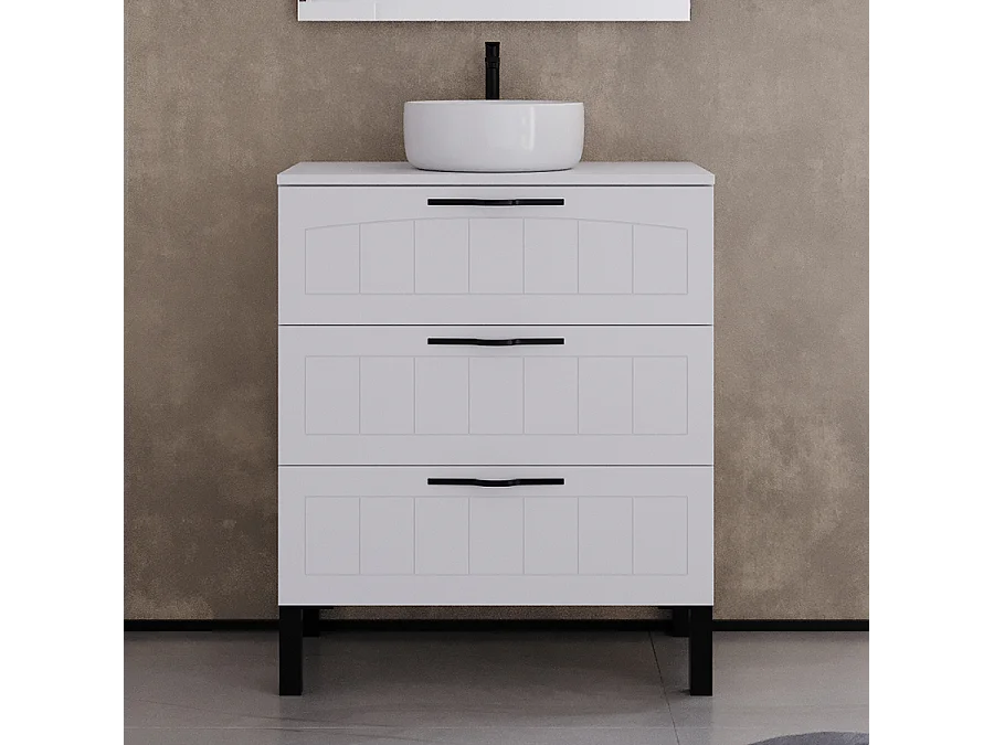Meuble de salle de bain 60cm avec plateau et vasque à poser ronde - 3 tiroirs - sans miroir - blanc - CALA