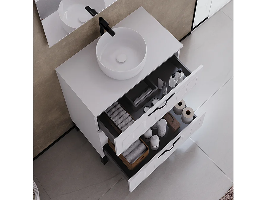 Meuble de salle de bain 60cm avec plateau et vasque à poser ronde - 3 tiroirs - sans miroir - blanc - CALA