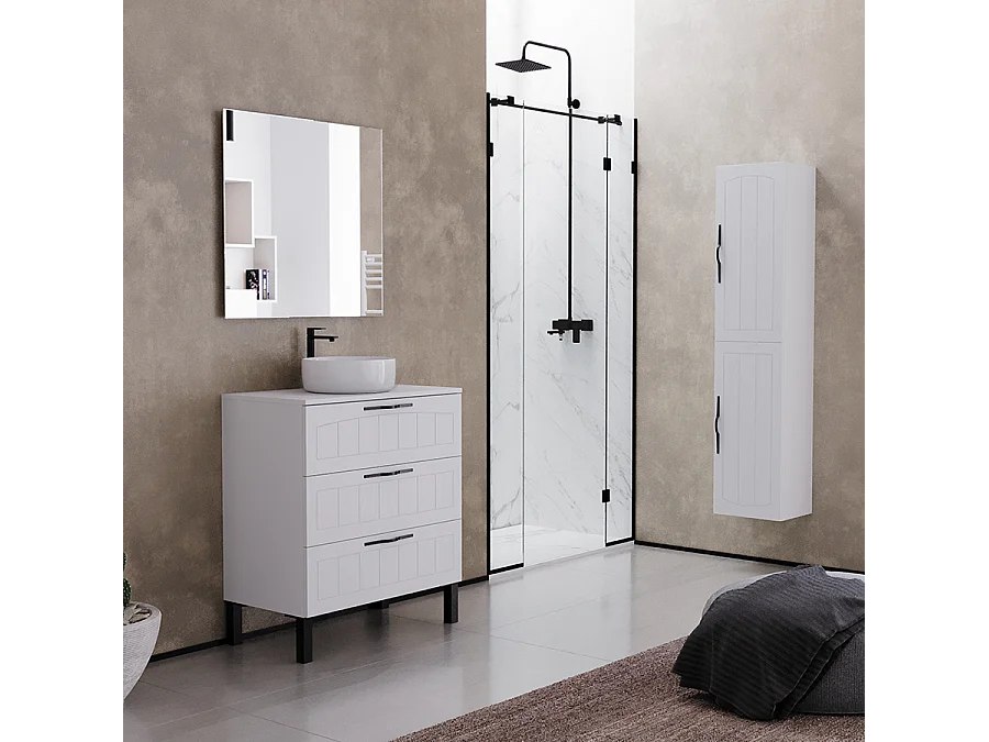 Meuble de salle de bain 60cm avec plateau et vasque à poser ronde - 3 tiroirs - sans miroir - blanc - CALA