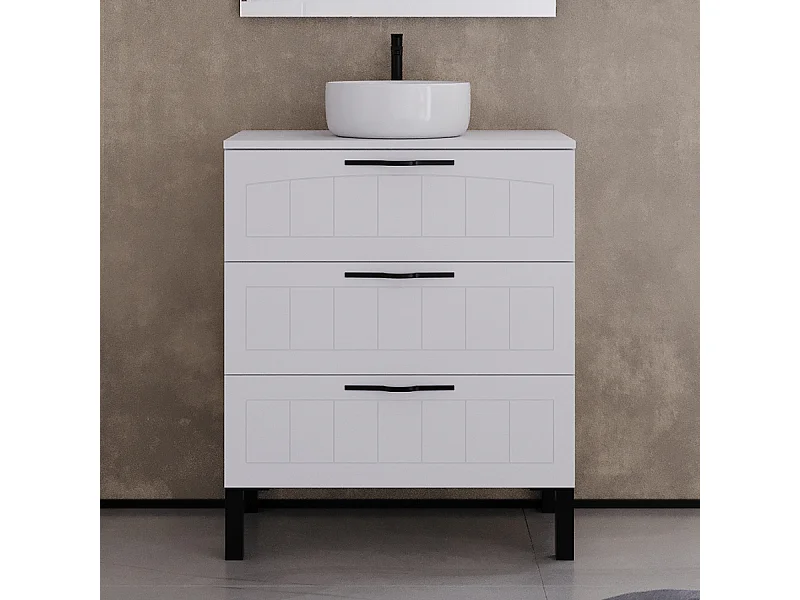 Meuble de salle de bain 60cm avec plateau et vasque à poser ronde - 3 tiroirs - sans miroir - blanc - CALA