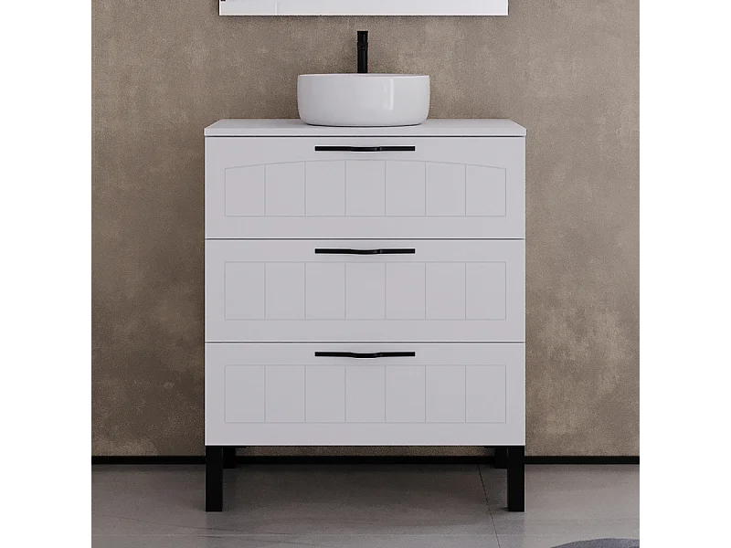 Meuble de salle de bain 60cm avec plateau et vasque à poser ronde - 3 tiroirs - sans miroir - blanc - CALA