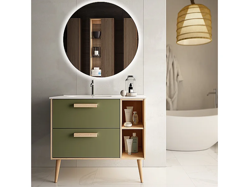 Meuble de salle de bain vasque déportée - 2 tiroirs - MALIA et miroir rond Led SOLEN - vert olive - 80cm