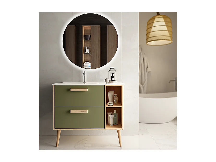 Meuble de salle de bain vasque déportée - 2 tiroirs - MALIA et miroir rond Led SOLEN - vert olive - 80cm