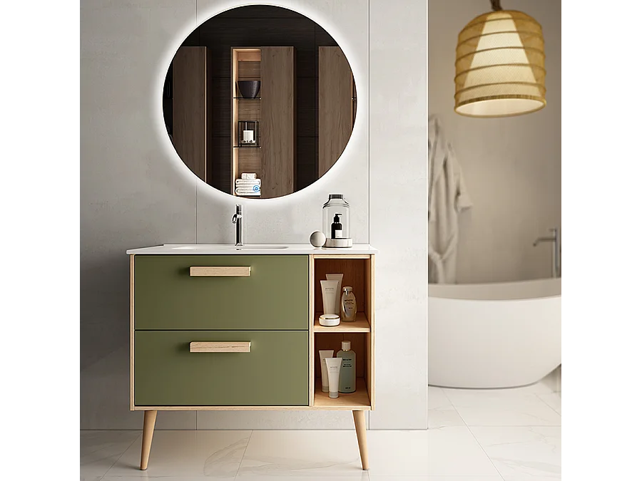 Meuble de salle de bain vasque déportée - 2 tiroirs - MALIA et miroir rond Led SOLEN - vert olive - 80cm