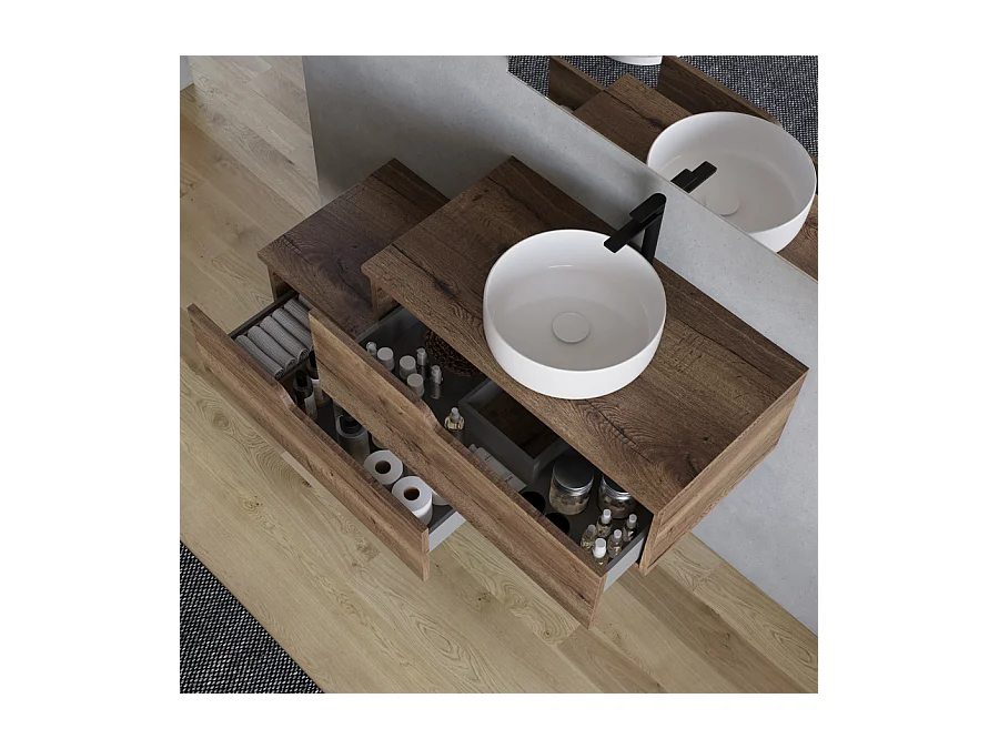 Meuble de salle de bain 120cm avec vasque à poser ronde - sans miroir - 2 tiroirs - tabaco (bois foncé) - CADIX