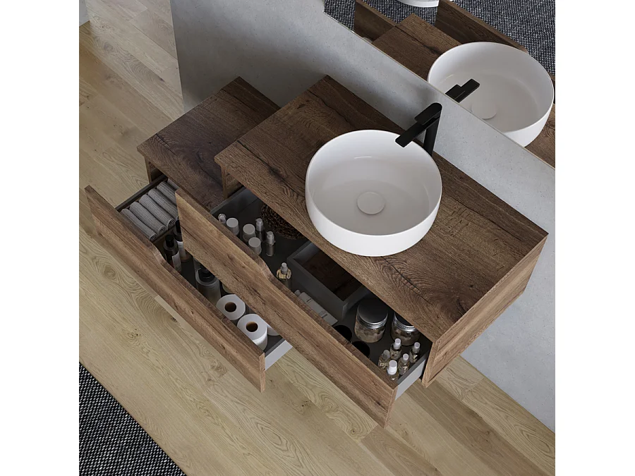 Meuble de salle de bain 120cm avec vasque à poser ronde - sans miroir - 2 tiroirs - tabaco (bois foncé) - CADIX