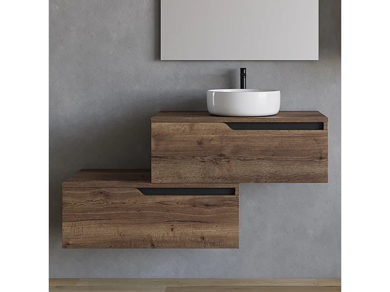 Meuble de salle de bain 120cm avec vasque à poser ronde - sans miroir - 2 tiroirs - tabaco (bois foncé) - CADIX
