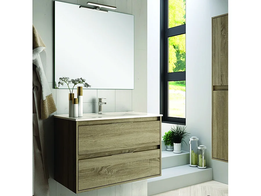 Meuble de salle de bain 80cm simple vasque - 2 tiroirs - IRIS - cambrian (chêne)