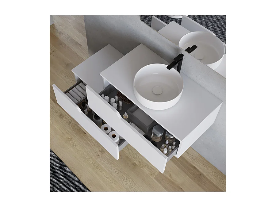 Meuble de salle de bain 120cm avec vasque à poser ronde - 2 tiroirs - blanc - CADIX