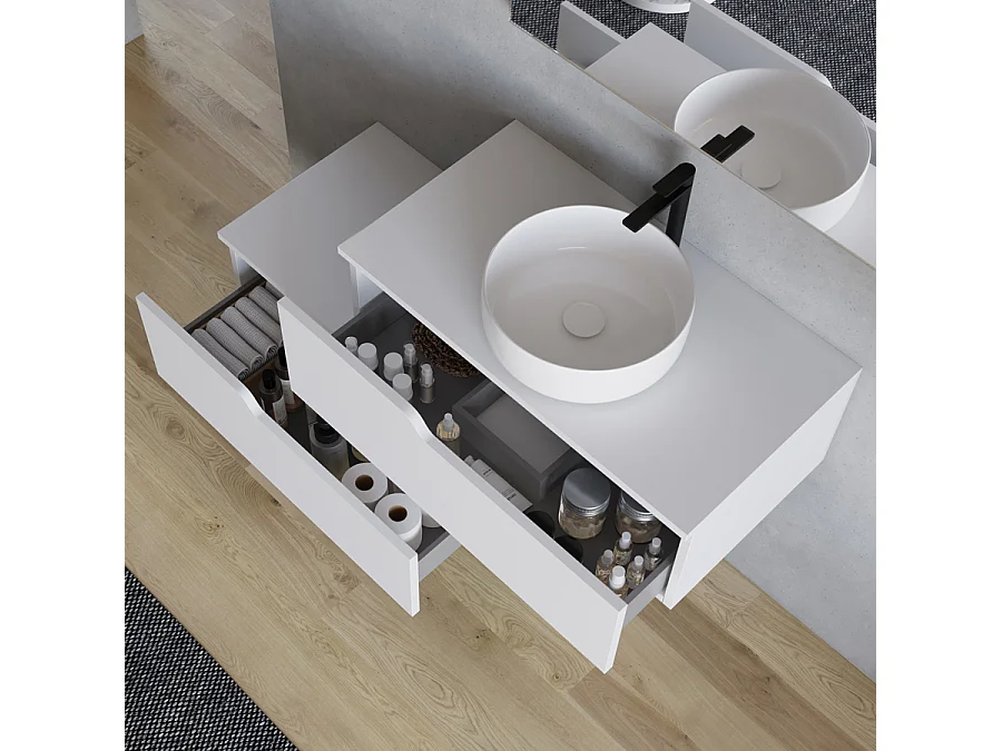 Meuble de salle de bain 120cm avec vasque à poser ronde - 2 tiroirs - blanc - CADIX