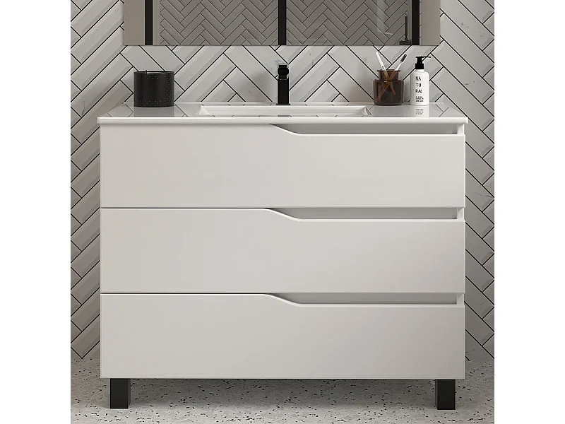 Meuble de salle de bain 100cm simple vasque - sans miroir - 3 tiroirs - blanc - MATA