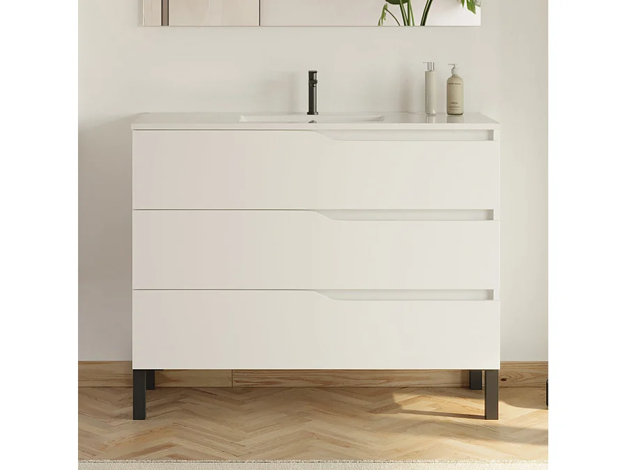 Meuble de salle de bain 100cm simple vasque - sans miroir - 3 tiroirs - blanc - MATA