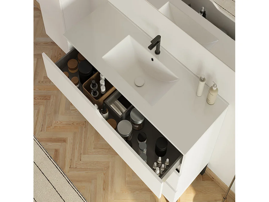 Meuble de salle de bain 100cm simple vasque - sans miroir - 3 tiroirs - blanc - MATA