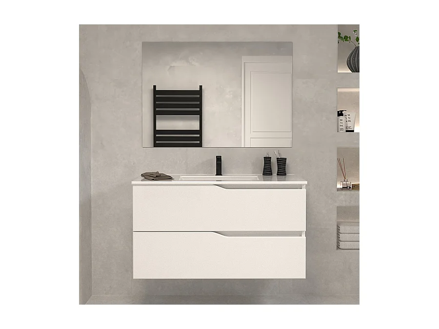 Meuble de salle de bain 90cm simple vasque - 2 tiroirs - blanc - LUNA