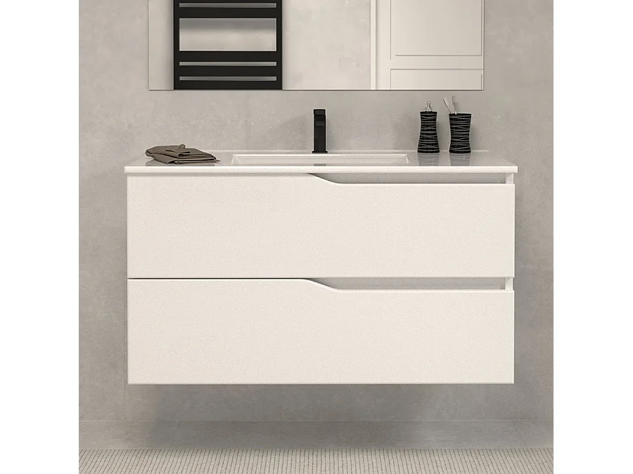 Meuble de salle de bain 90cm simple vasque - 2 tiroirs - blanc - LUNA