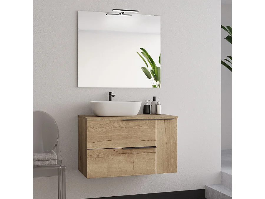 Meuble de salle de bain 80cm avec vasque à poser déportée ronde - roble (chêne clair) - KING